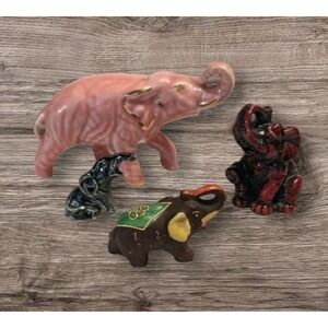 4 Elephants Figurines Trunk Up Moriage Ceramic Japan Resin Pink Gold Vtg Trinket